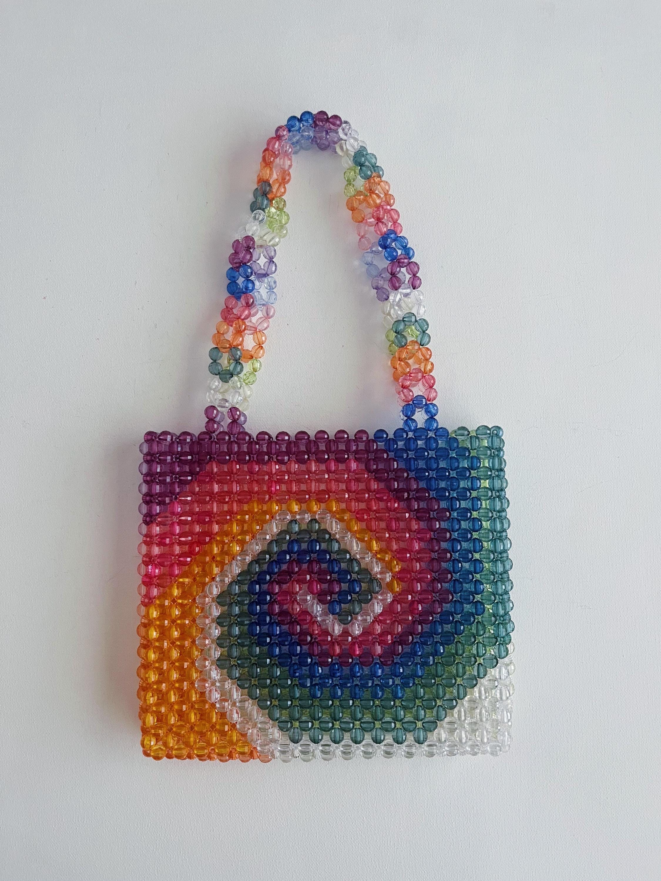 Rainbow Swirl Beaded Tote Bag with Multicolor Floral Handle, Approx. 8.7" x 8.3"