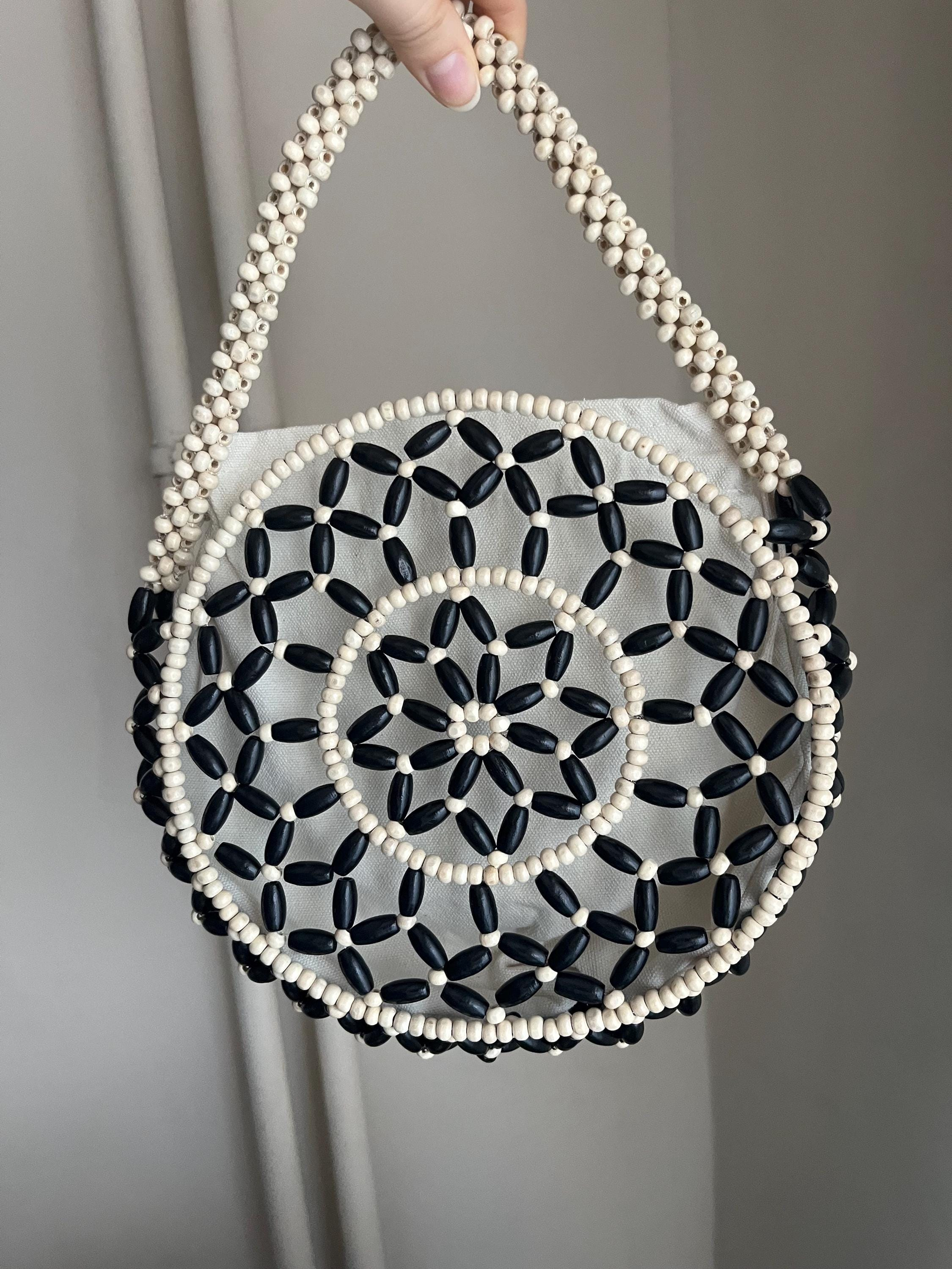 Black White Round Floral Beaded Shoulder Bag, Approx. 8.3" x 8.3"