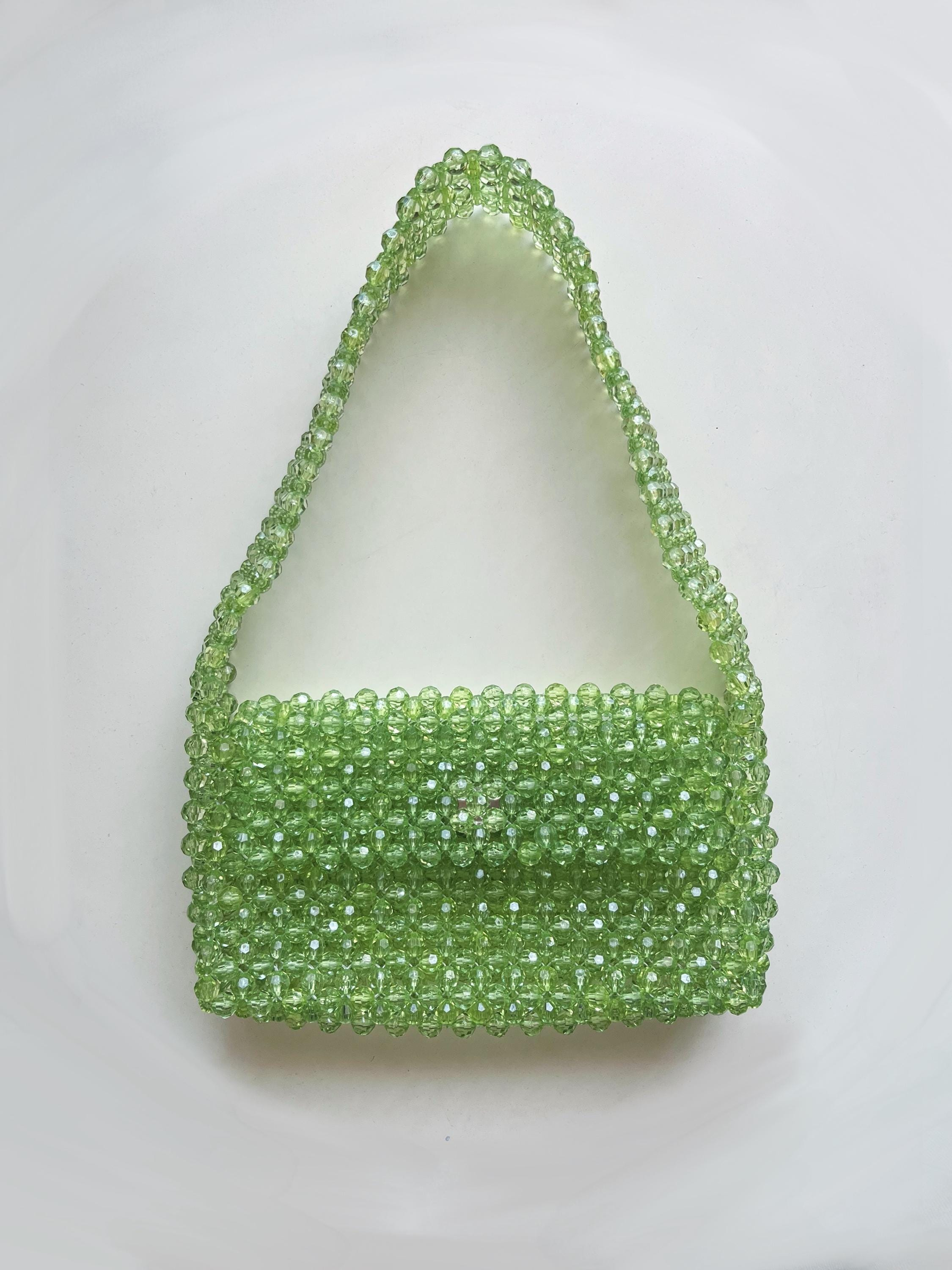 Light Green Transparent Beaded Shoulder Bag, Approx. 8.3" x 5.5"
