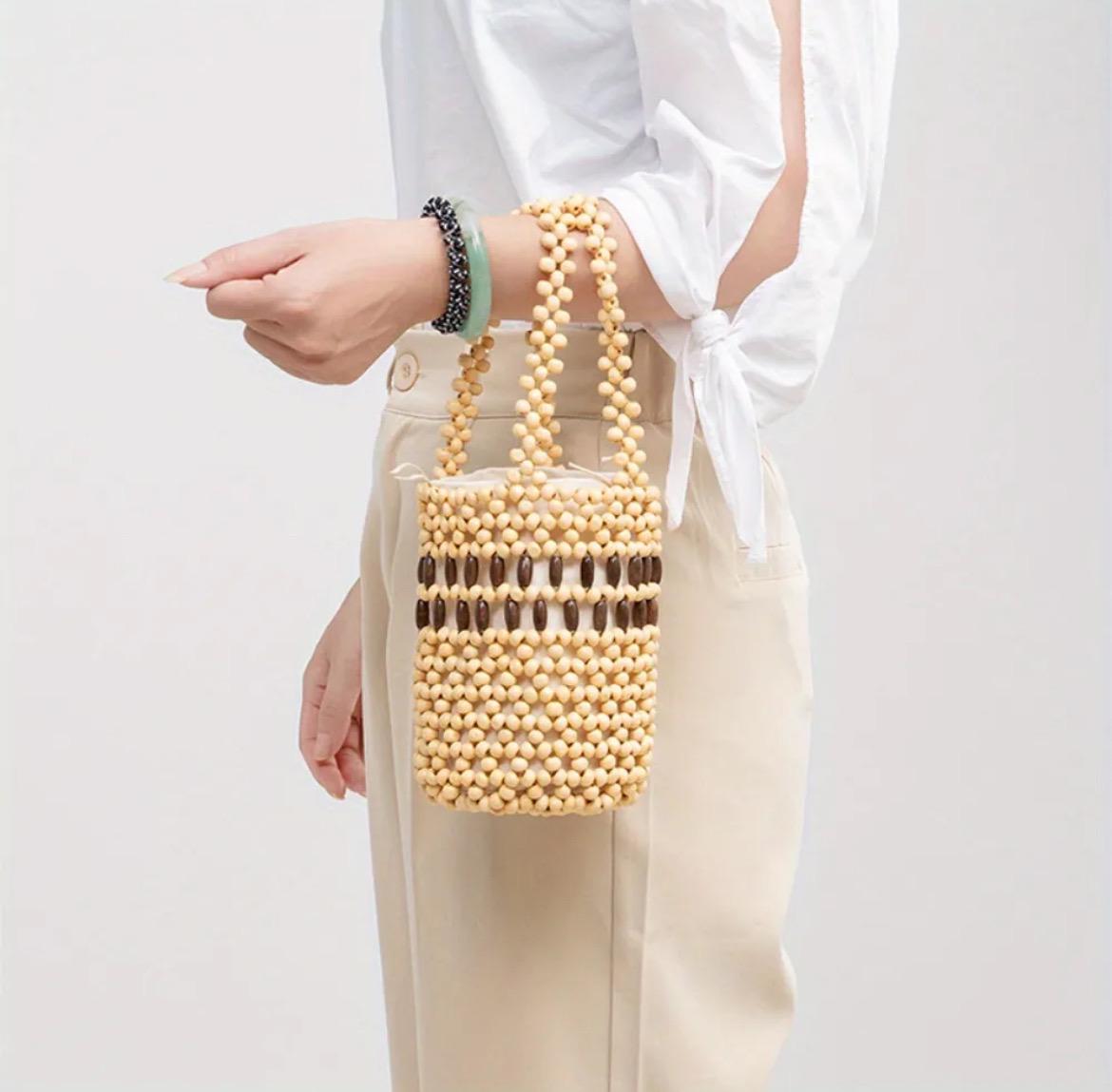Natural Wood Beaded Bucket Shoulder Bag, Approx. 6.3" x 4.7" x 4.7"