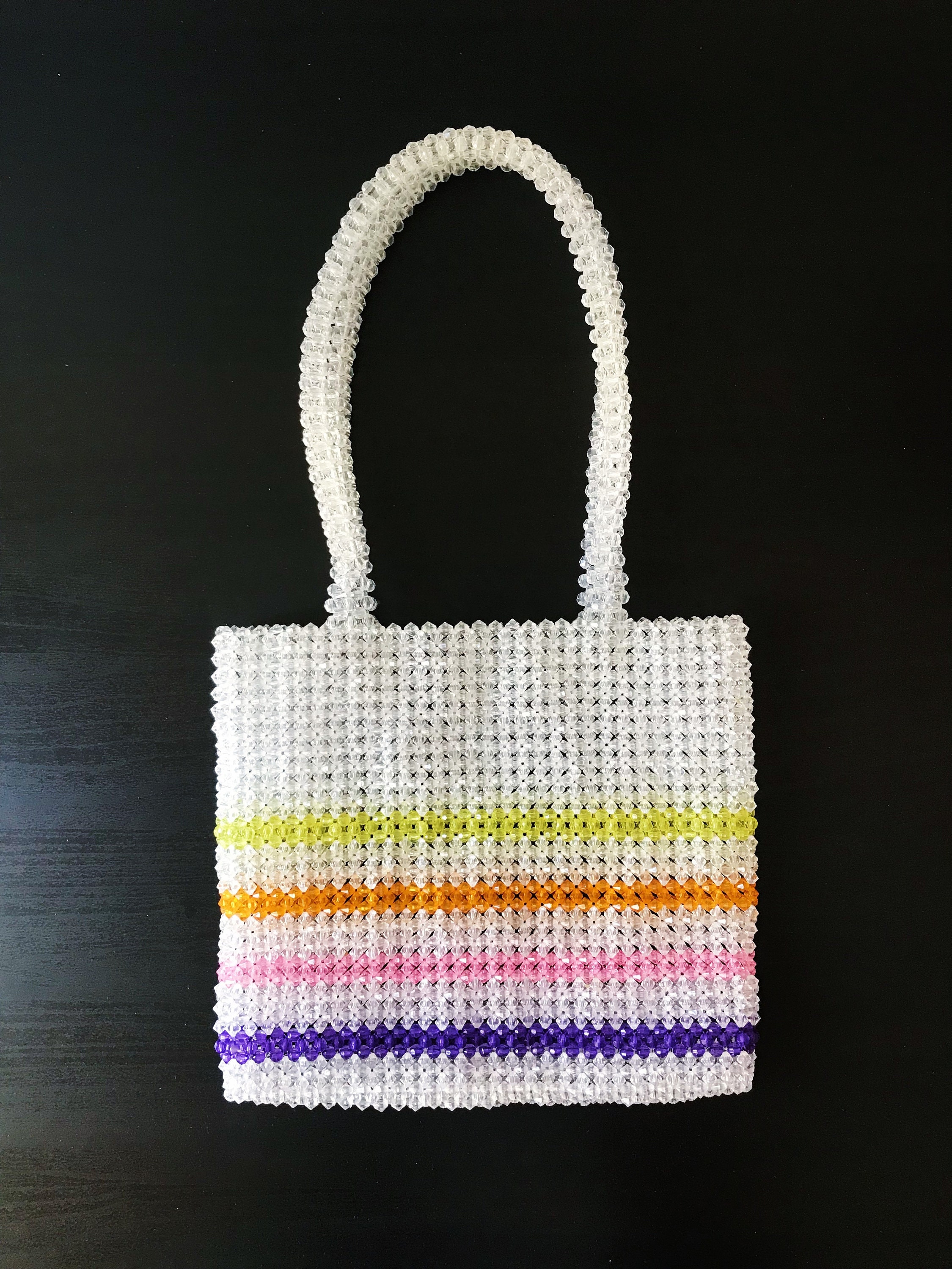 White Rainbow Stripe Beaded Tote Bag, Approx. 9.1" x 8.7"