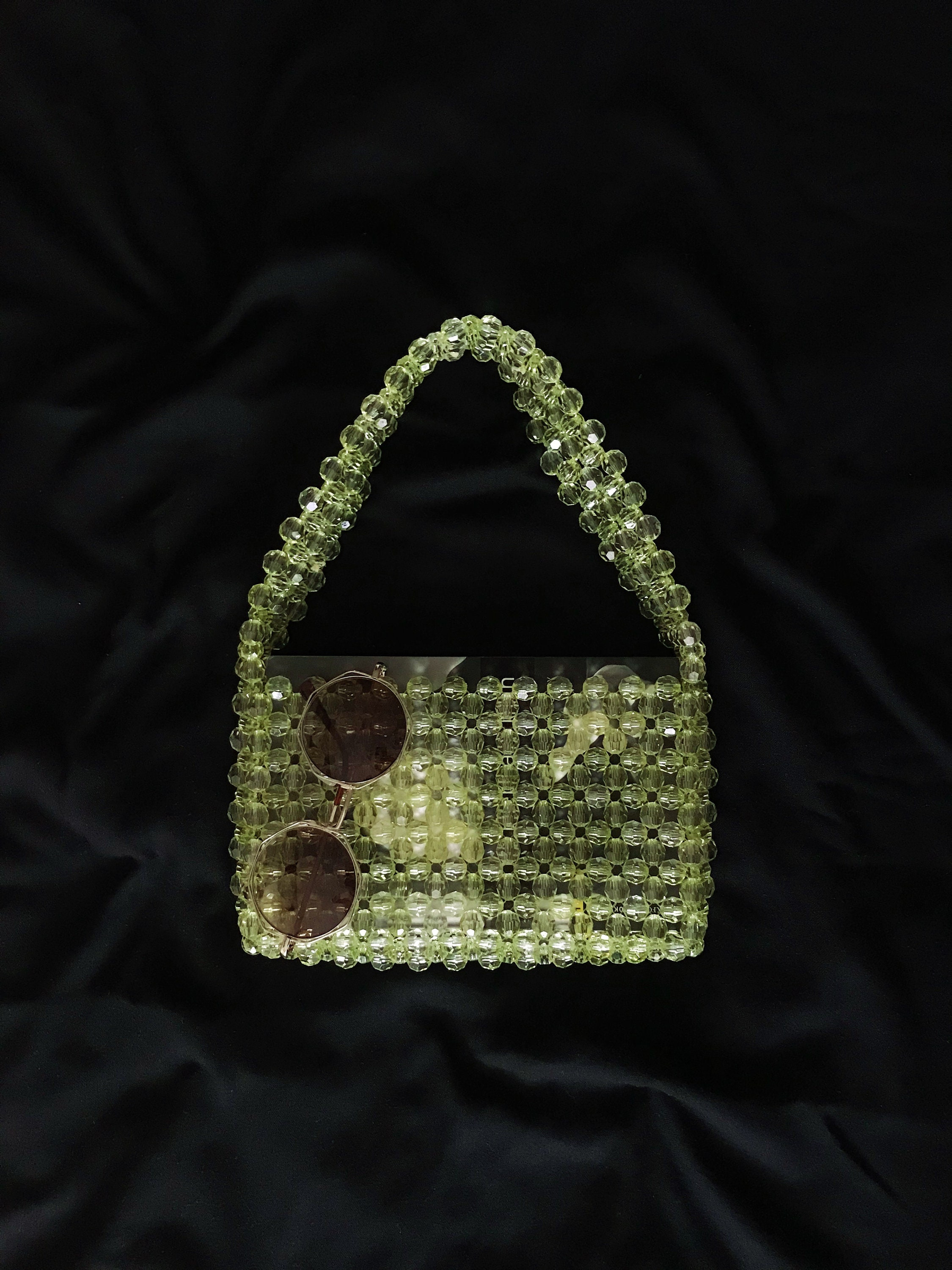 Light Yellow Transparent Beaded Shoulder Bag, Approx. 8.3" x 5.5"