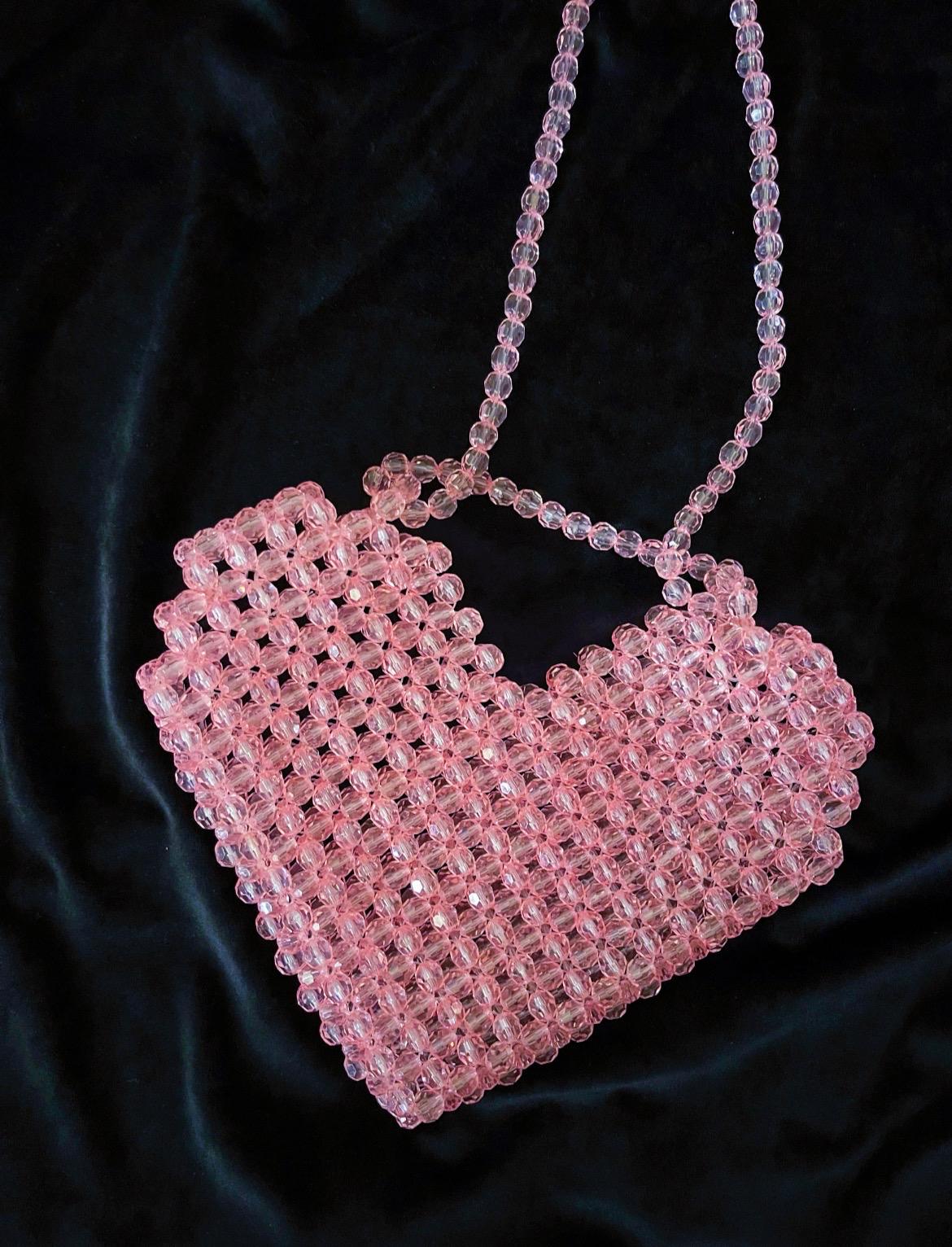 Pink Transparent Heart Beaded Shoulder Bag, Approx. 8.7" x 7.9"