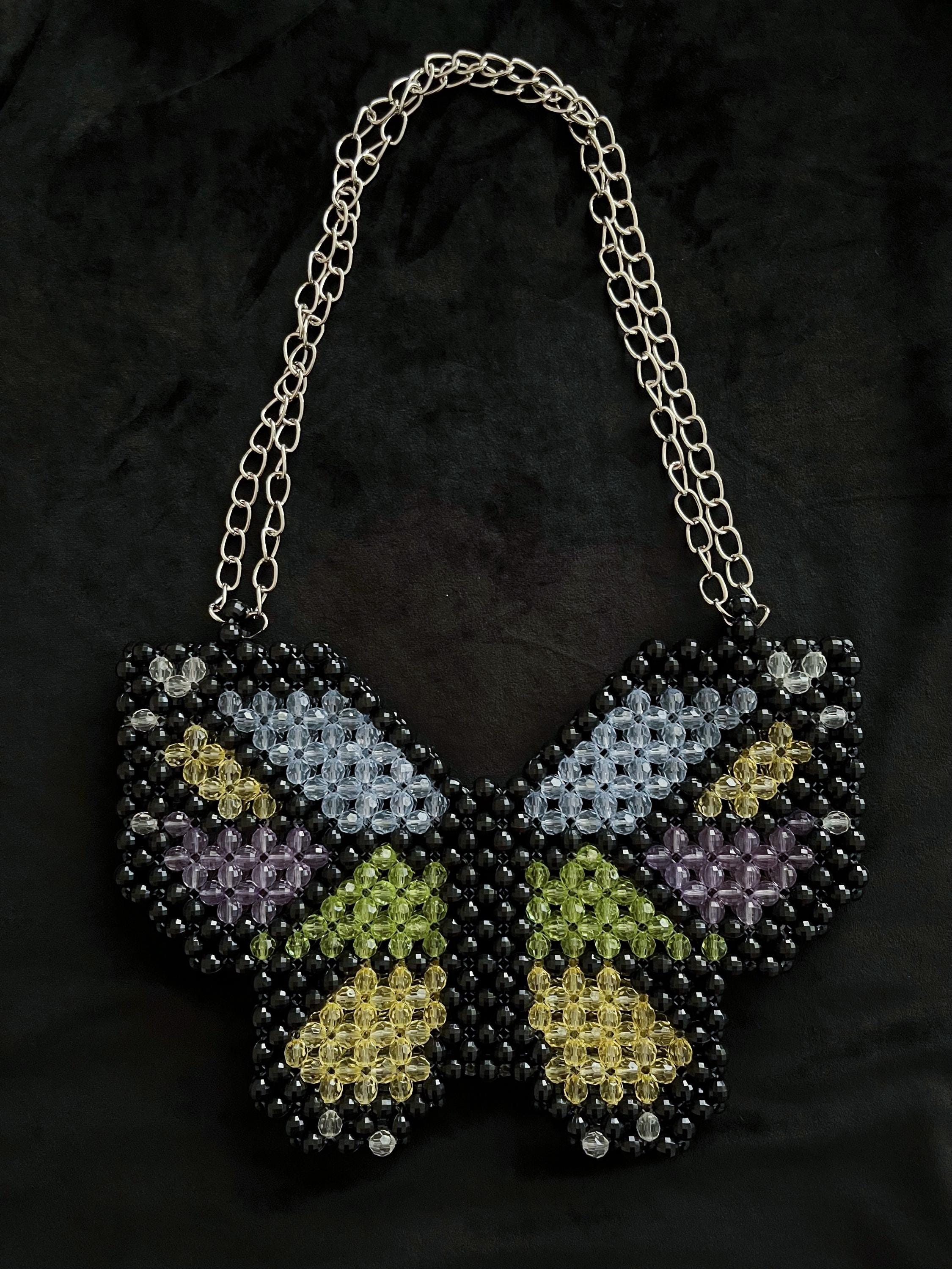 Pastel Butterfly Beaded Shoulder Bag with Chain Strap, Approx. 9.1" x 5.9"