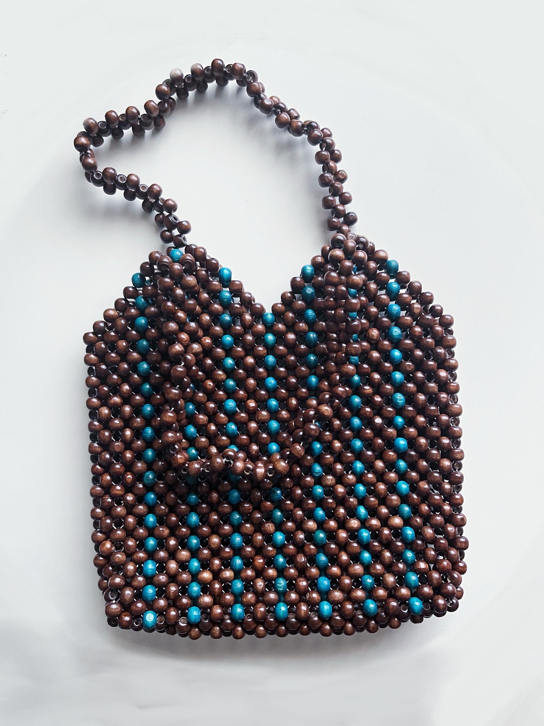 Brown Blue Vertical Stripe Beaded Tote Bag, Approx. 8.7" x 10.2"
