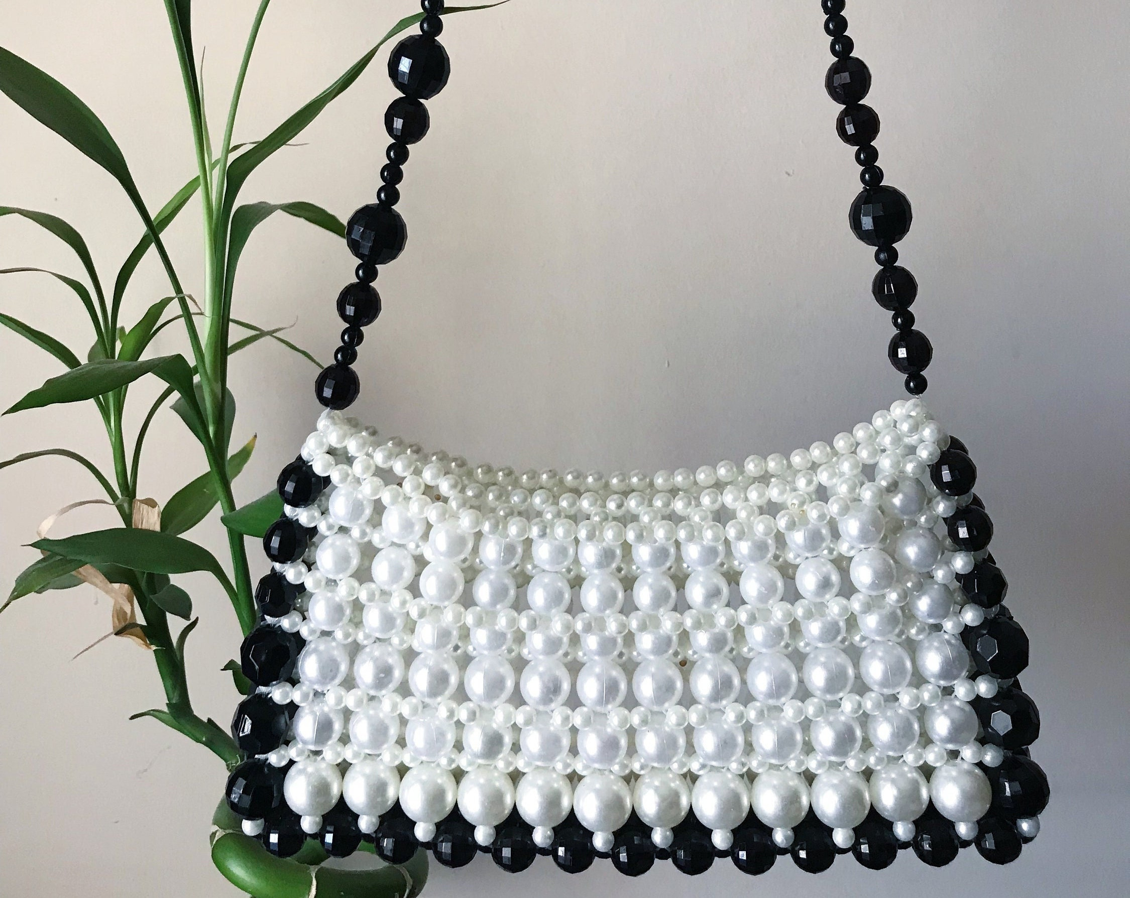 White Pearl Beaded Shoulder Bag with Black Trim, Approx. 9.4" x 5.5"